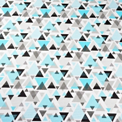 Baumwolle 100% Dreiecke mit Punkten türkis-grau auf weißem Hintergrund  