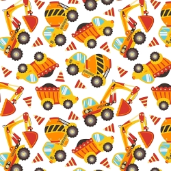 Baumwolle 100% Autos, Bagger und Betonmischer orange-gelb auf weißem Hintergrund  