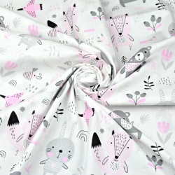 Baumwolle 100% mit Tieren auf der Wiese in rosa-grau auf weißem Hintergrund  
