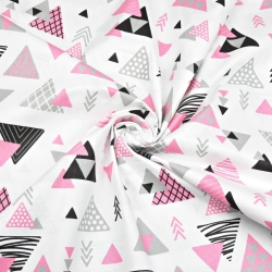 Baumwolle 100% Dreiecke mit Pfeilen grau-rosa auf weißem Hintergrund  