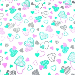 Baumwolle 100% Herzen LOVE rosa-minze-grau auf weißem Hintergrund  