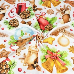 Baumwolle 100% Weihnachtsmuster Dekorationen beige-rot auf weißem Hintergrund  