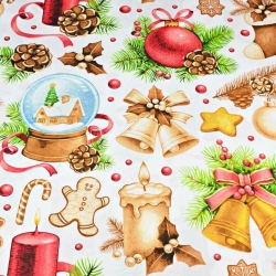 Baumwolle 100% Weihnachtsmuster Dekorationen beige-rot auf weißem Hintergrund  