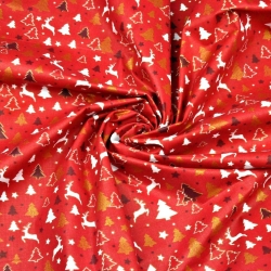 Baumwolle 100% Weihnachtsmuster MINI goldene und glänzende Rentier und Tannenbäume auf rotem Hintergrund  