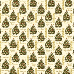 Baumwolle 100% Weihnachtsmuster goldene Tannenbäume mit Kugeln auf ecrufarbenem Hintergrund  