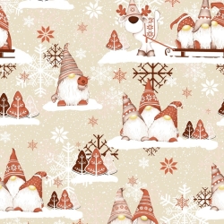 Baumwolle 100% Weihnachtsmuster Wichtel mit Rentier braun-beige auf beigem Hintergrund  