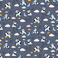Baumwolle 100% Pandas mit Regenbogen auf dunkelgrauem Hintergrund  
