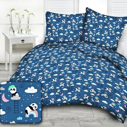 Baumwolle 100% Pandas mit Regenbogen auf dunkelblauem Hintergrund  