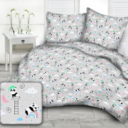 Baumwolle 100% Pandas mit Regenbogen rosa-mint auf hellgrauem Hintergrund  