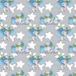 Baumwolle 100% Elefanten blau mit Sternen auf grauem Hintergrund  