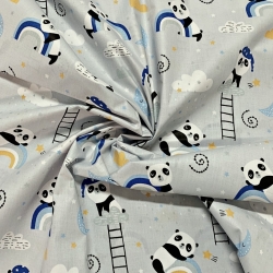 Baumwolle 100% Pandas mit Regenbogen blau-orange auf hellgrauem Hintergrund  