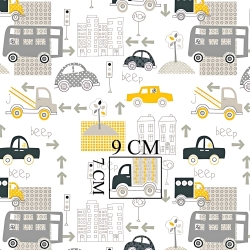 Baumwolle 100% Autos in der Stadt gelb-beige auf weißem Hintergrund  