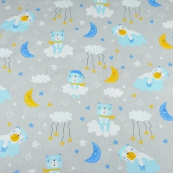 100% Baumwolle schlafende Bären blau-gelb auf hellgrauem Hintergrund  