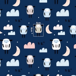 Baumwolle 100% schlafende Schafe mit Monden auf dunkelblauem Hintergrund  