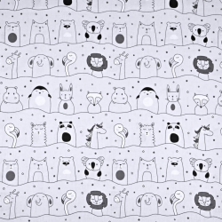 100% Baumwolle - Tiere in Linien auf grauem Hintergrund  