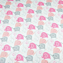 100% Baumwolle Elefanten grau-rosa auf weißem Hintergrund  