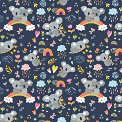 Baumwolle 100% Koala-Bären mit Regenbogen auf dunkelblauem Hintergrund  