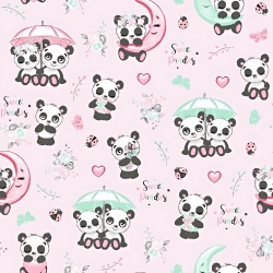 Baumwolle 100% Pandas mit Regenschirm auf rosa Hintergrund  
