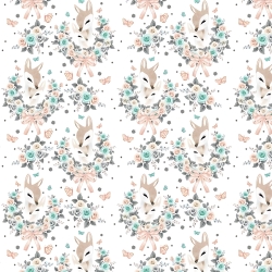 Baumwolle 100% Rehkitze in Kränzen mit Rosen auf weißem Hintergrund  