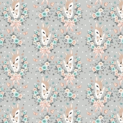 Baumwolle 100% Rehkitze in Kränzen mit Rosen auf grauem Hintergrund  