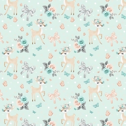 Baumwolle 100% Rehkitze mit Schleifen und Rosen auf mintfarbenem Hintergrund  