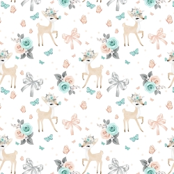 Baumwolle 100% Rehkitze mit Schleifen und Rosen auf weißem Hintergrund  