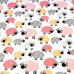 100% Baumwolle Schafe rosa-orange mit Punkten auf weißem Hintergrund  