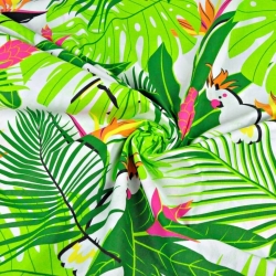 100% Baumwolle - weiße Papageien auf grünen Blättern  