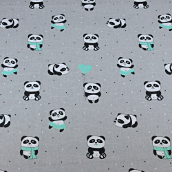 Baumwolle 100% - Pandas mit mintgrünem Ballon auf grauem Hintergrund  