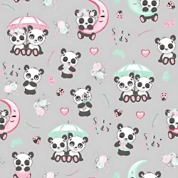 100% Baumwolle - Pandas mit Regenschirm auf hellgrauem Hintergrund  