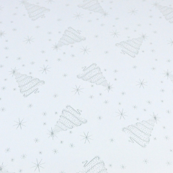 Dekorative Stoffe doppelseitig metallisiert - silberne Weihnachtsbäume auf weißem Hintergrund  