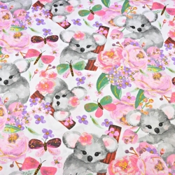 100% Baumwolle Koala-Bären mit Schmetterlingen auf weißem Hintergrund  