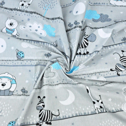 100% Baumwolle türkise Bären und Giraffen in Streifen auf grauem Hintergrund  