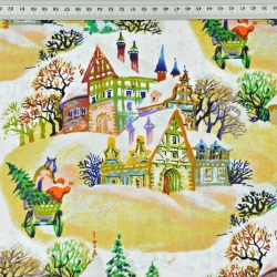 Baumwolle 100% Weihnachtsmuster bunte Häuschen auf weißem Hintergrund  