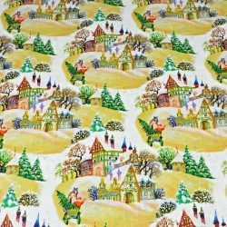 Baumwolle 100% Weihnachtsmuster bunte Häuschen auf weißem Hintergrund  