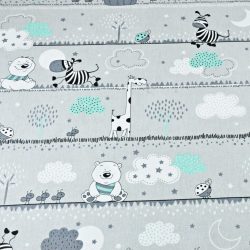 Baumwolle 100% Bären und Giraffen mintgrün gestreift auf grauem Hintergrund  