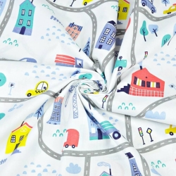 100% Baumwolle - Autos auf den Straßen in gelb-blau auf weißem Hintergrund  