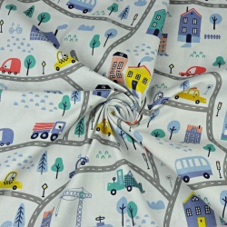 100% Baumwolle - Autos auf den Straßen in gelb-blau auf grauem Hintergrund