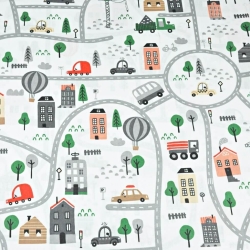 100% Baumwolle - Autos auf den Straßen in grün-rot auf weißem Hintergrund  