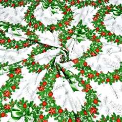 Baumwolle 100% Weihnachtsmuster Kränze rot-grün auf weißem Hintergrund  