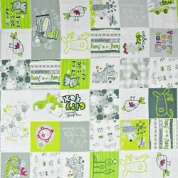 100% Baumwolle - Patchwork Tiere in grün-grau auf weißem Hintergrund  