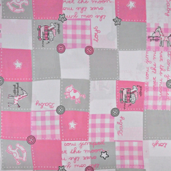 Baumwolle 100% Patchwork Tiere grau-rosa auf weißem Hintergrund  