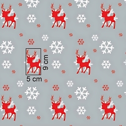 Baumwolle 100% Weihnachtsmuster Rentiere mit Schneeflocken auf grauem Hintergrund  