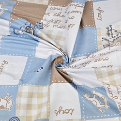 100% Baumwolle - Patchwork Tiere in blau-beige auf weißem Hintergrund  