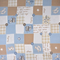 100% Baumwolle - Patchwork Tiere in blau-beige auf weißem Hintergrund  