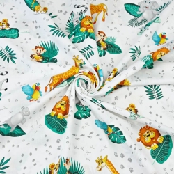 Baumwolle 100% afrikanische Tiere mit smaragdgrünen Blättern auf weißem Hintergrund - PREMIUM  