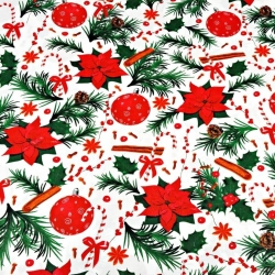 Baumwolle 100% Weihnachtsmuster Stechpalme mit Weihnachtsbaumkugeln und Zimt rot-grün auf weißem Hintergrund  