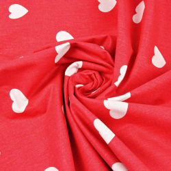 Baumwolle 100% weiße Herzen 40mm auf rotem Hintergrund  