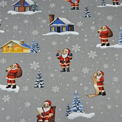 Baumwolle 100% Weihnachtsmuster Weihnachtsmänner mit Häusern auf grauem Hintergrund  