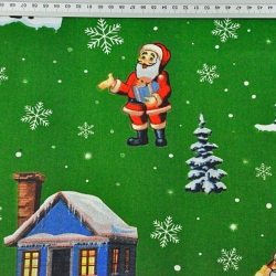 Baumwolle 100% Weihnachtsmuster Weihnachtsmänner mit Häusern auf grünem Hintergrund  